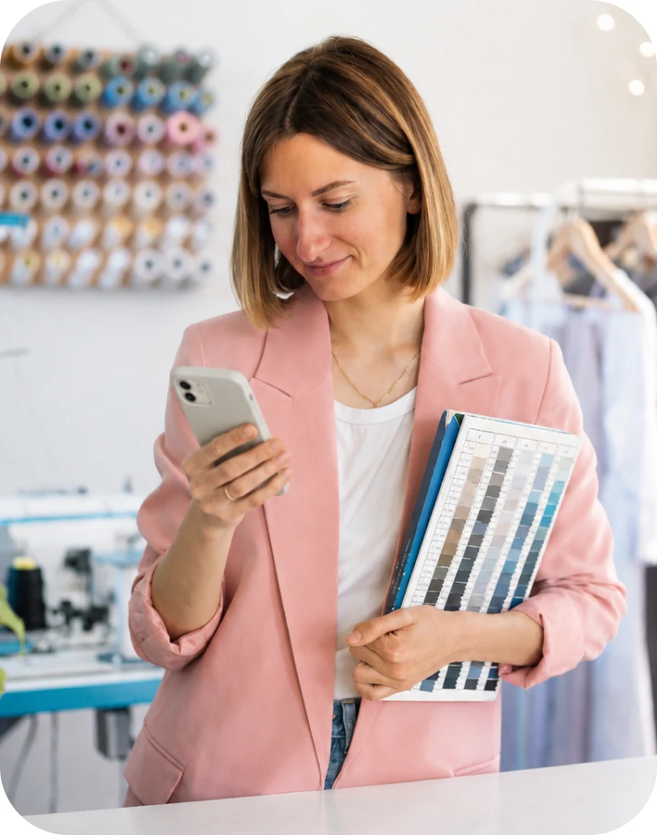 Vendedora atendiendo a un cliente desde el celular