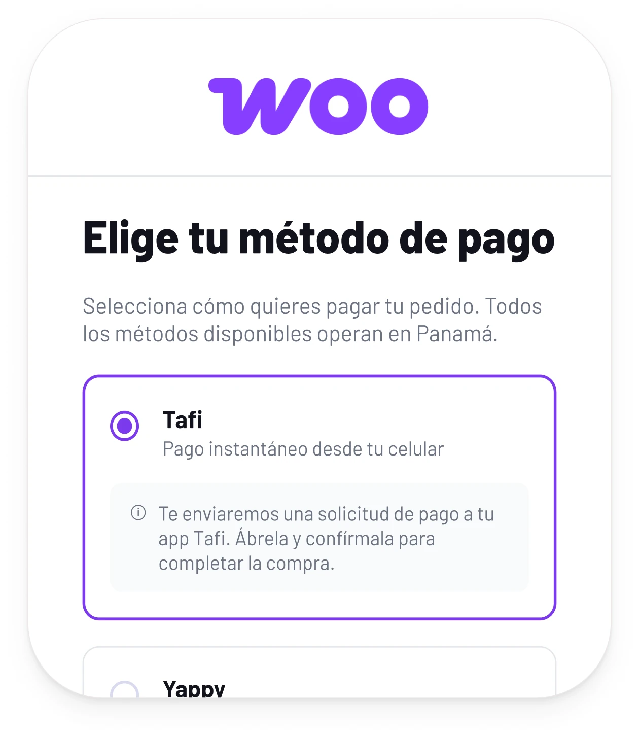Checkout de WooCommerce con Tafi entre los métodos de pago
